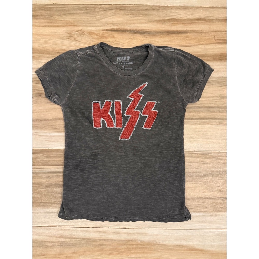 Lucky Brand KISS Beaded‎ Graphic T-Shirt Charcoal Grey Rock Band Tee XS
